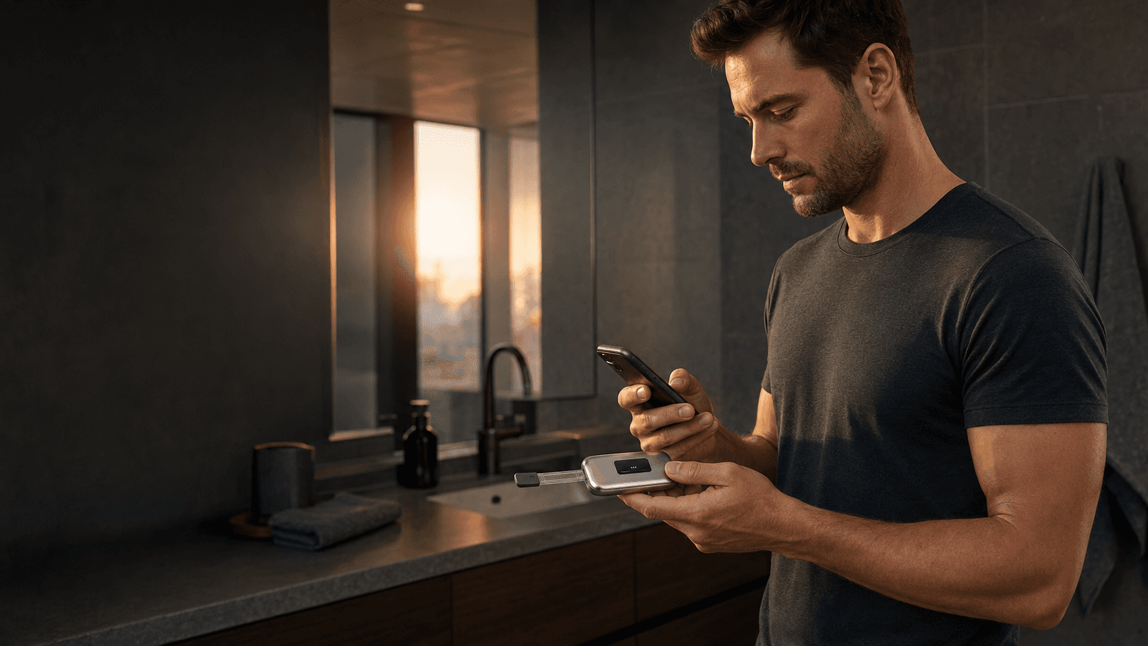 Man checking the Axis hormone reader during his morning routine